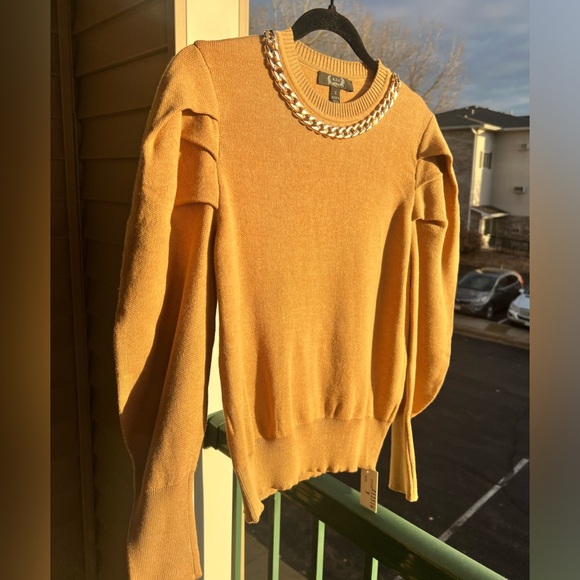 🆕 AZI New York Mustard Gold Chain-Neck Puff Sleeve 100% Cotton Sweater Size S - Picture 5 of 16